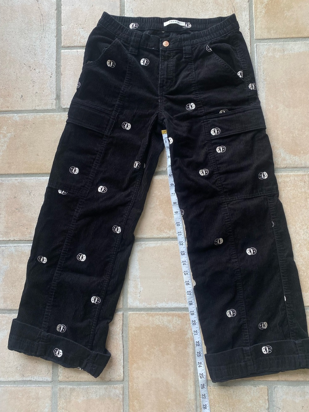 PacSun Corduroy Embroidered Cargo Pants - Low Rise Puddle Wide Leg Smiley Face